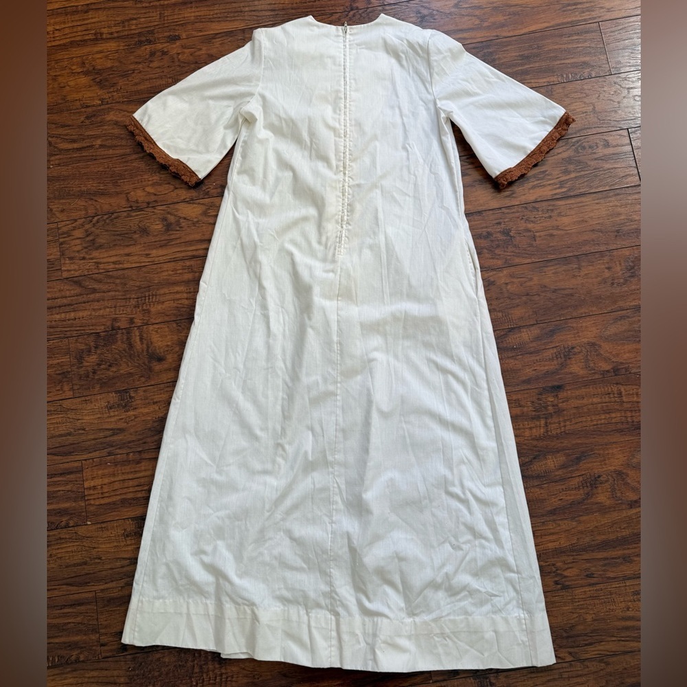 Vintage 1970s Caftan Maxi Dress with Brown Crochet Knit Cottagecore | Small - Picture 6 of 8